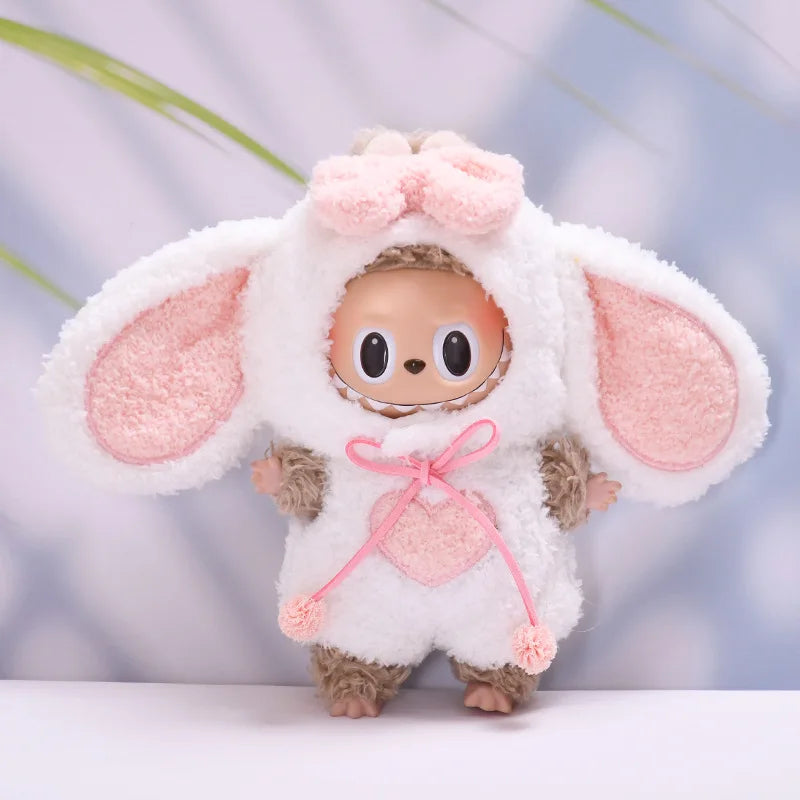 A 17cm Labubu figure dressed in a white and pink fluffy bunny costume with oversized ears, heart detail, and pink ribbon.